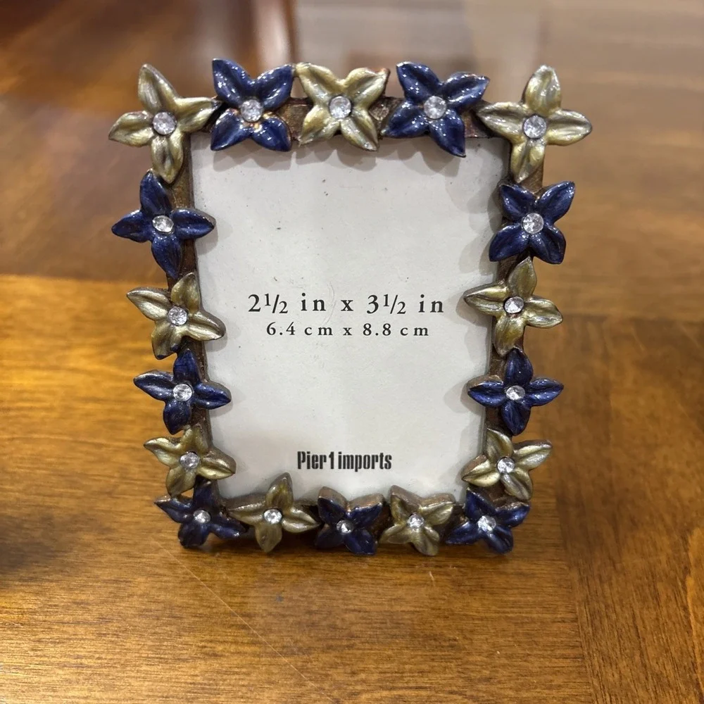Lot Of Two Pier 1 Flower Rhinestone Small Picture Frames Blue/ Gold
